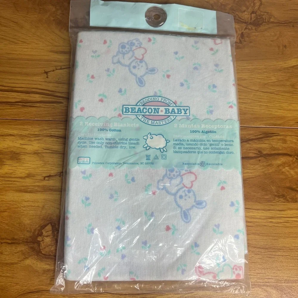 Vintage Beacon Baby‎ Receiving Blankets 30x30 White Bunny Floral 2pk Cotton NEW